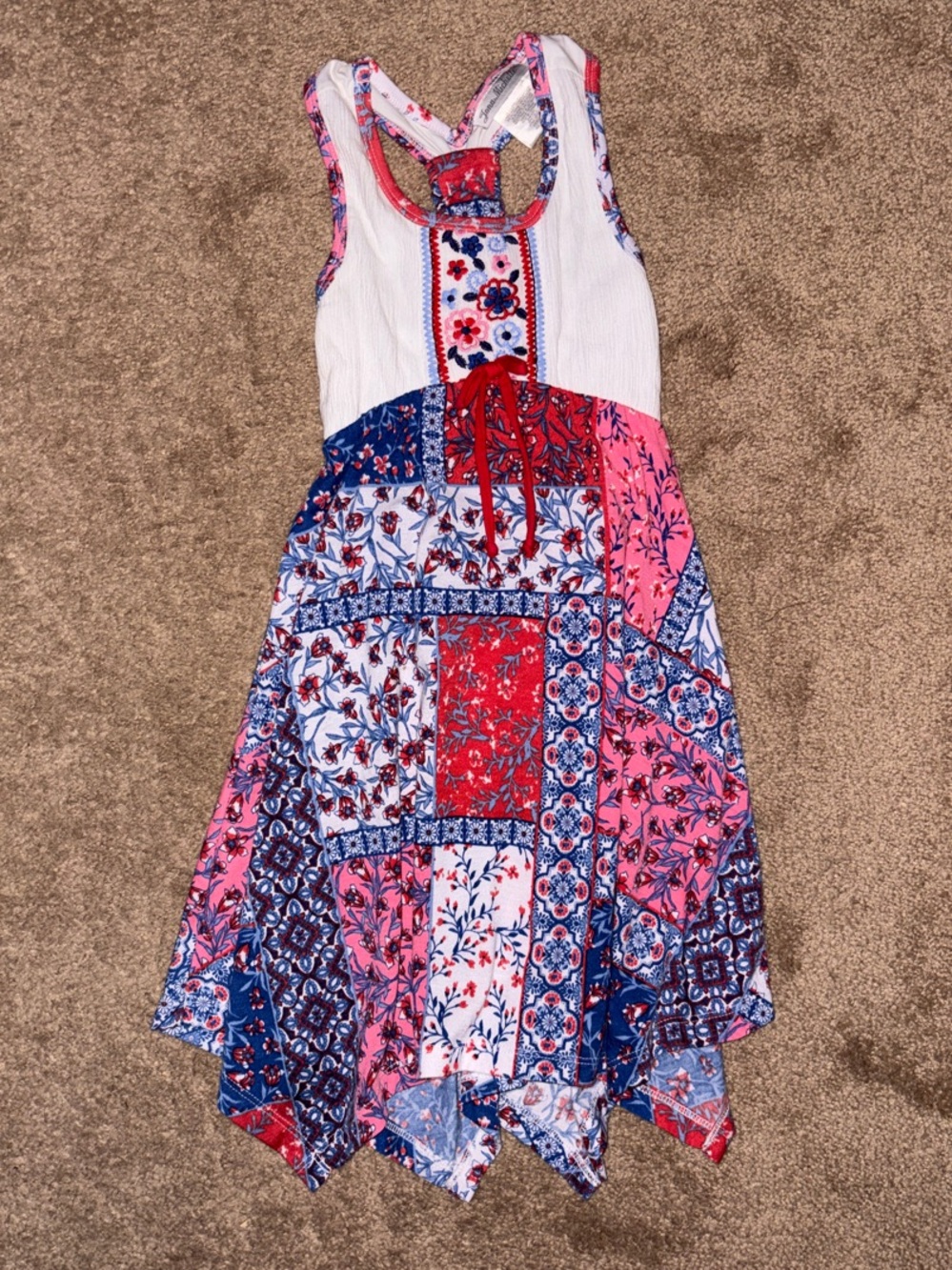 Boho Patchwork Racerback Dress in Red, Blue & Pink.